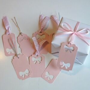 Set of 7 Hand Made Pink Bow Gift Tags